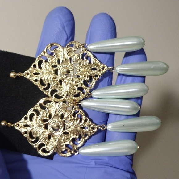 Women's Stylish Gold-tone Filigree Design Long Beads Drop Dangle Earrings, #3 - Picture 3 of 5